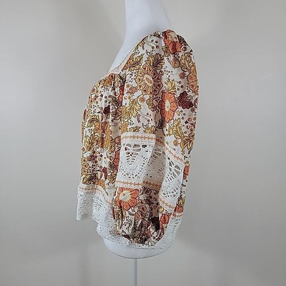 Rachel Zoe Top S Paisley Print Crochet Balloon Sleeve Cropped Linen Peasant - Picture 6 of 15